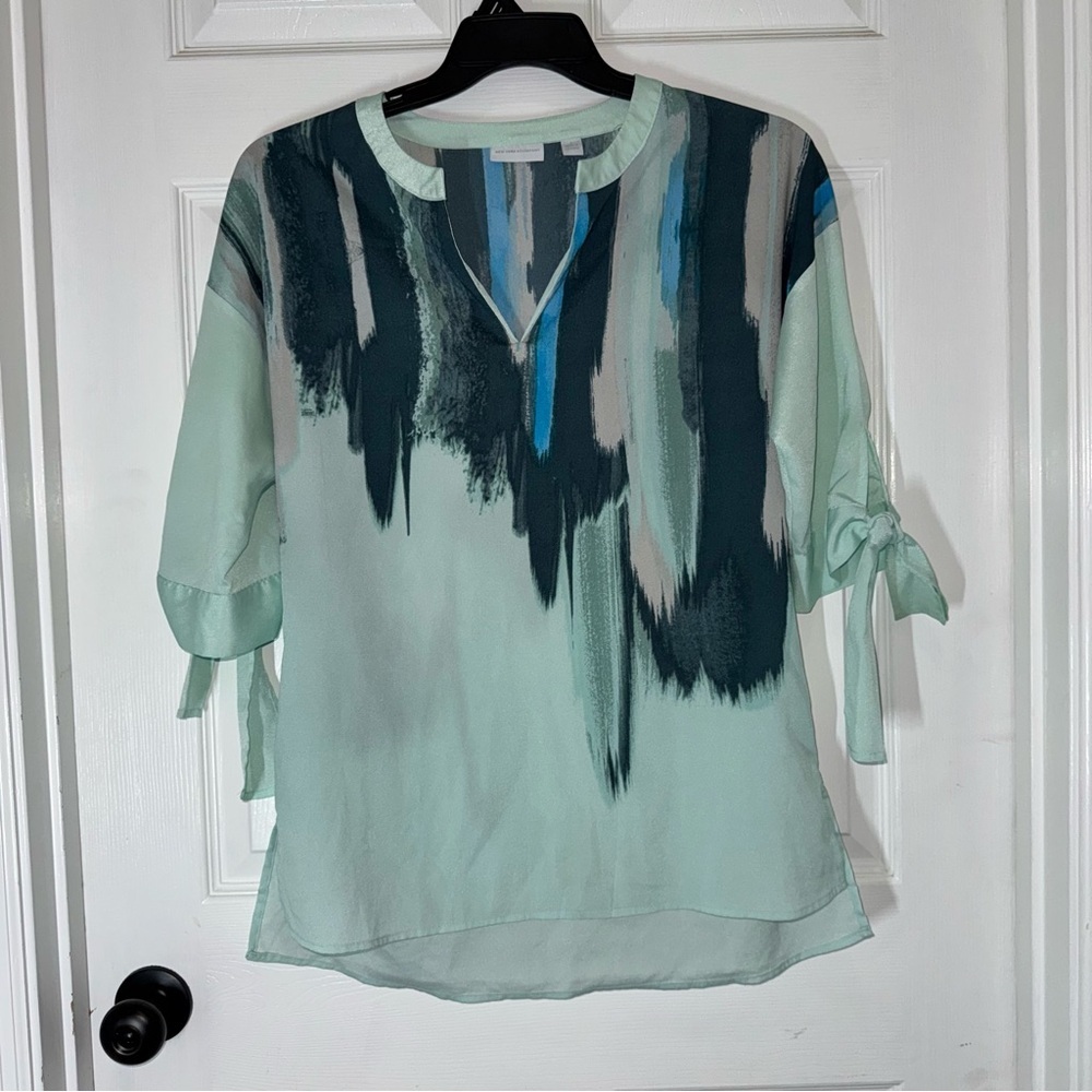 New York & Company Green and Blue Blouse with Chic Style